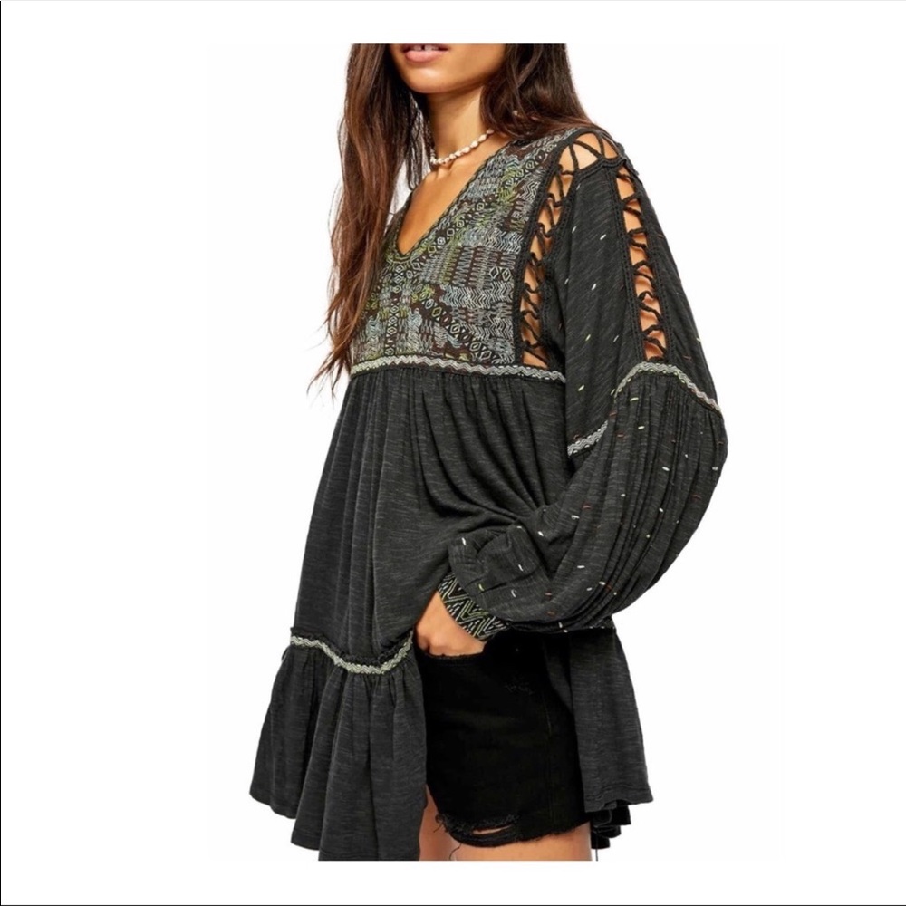 Free People Much Love Embroidered Cotton Tunic